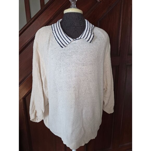 Sk Company II Womens Knitted Sweater 2X Ivory & Navy 80% Silk 20% Cotton - Picture 1 of 6